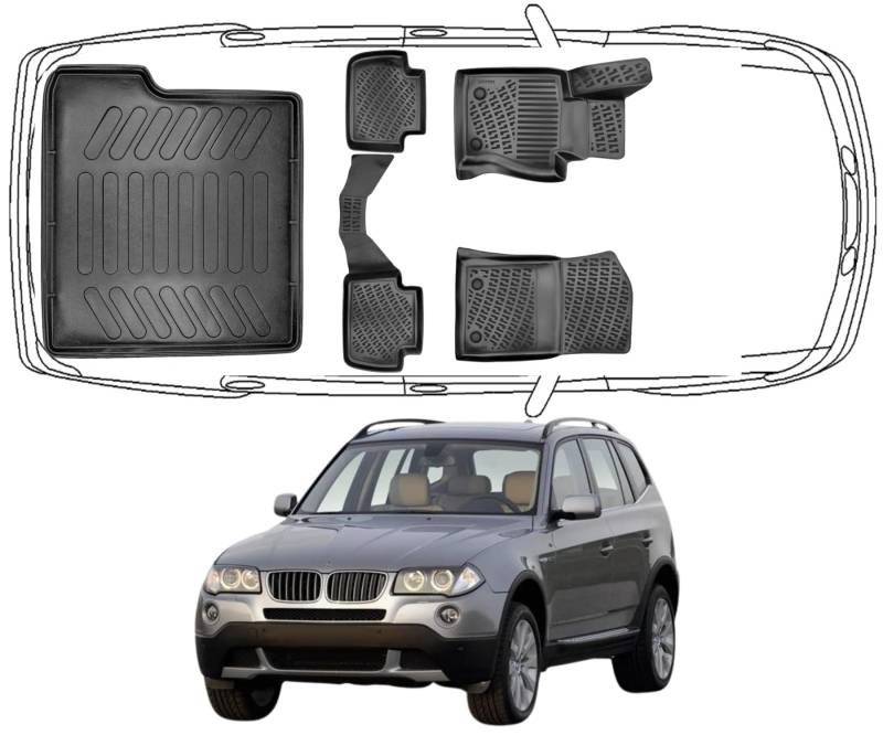 Trimak Passgenau 3D Fussmatten & Kofferraumwanne Auto Set Kompatibel mit BMW X3 E83 2003-2010 Auto Allwetter Zubehör Gummimatten Kofferraumwanne Autos TPE Allwetter Geruchlos rutschfest von Trimak