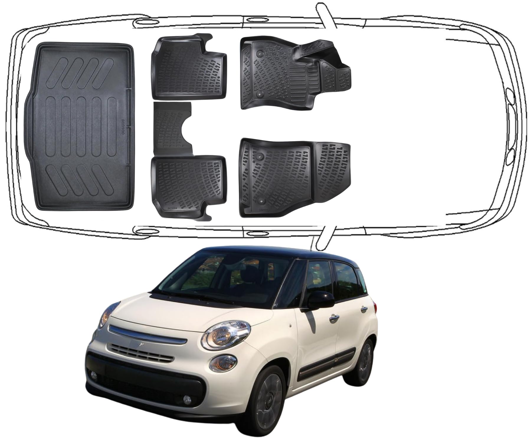 Trimak Passgenau 3D Fussmatten & Kofferraumwanne Auto Set Kompatibel mit FIAT 500L 2012-2022 Untere Auto Allwetter Zubehör Gummimatten Kofferraumwanne Autos TPE Allwetter Geruchlos rutschfest von Trimak