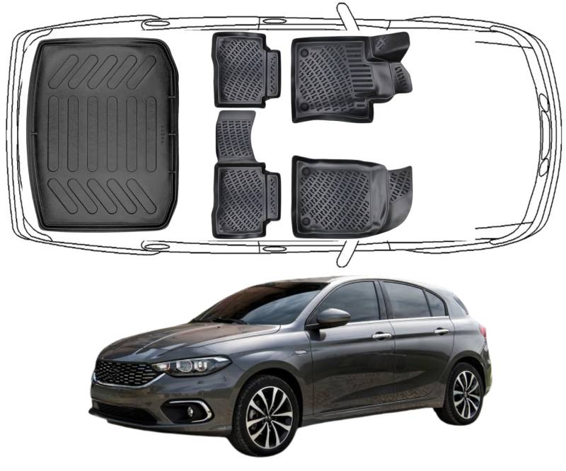 Trimak Passgenau 3D Fussmatten & Kofferraumwanne Auto Set Kompatibel mit FIAT Tipo ab 2015 HB Auto Allwetter Zubehör Gummimatten Kofferraumwanne Autos TPE Allwetter Geruchlos rutschfest von Trimak