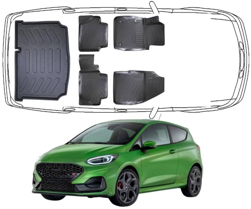 Trimak Passgenau 3D Fussmatten & Kofferraumwanne Auto Set Kompatibel mit Ford Fiesta 2018-2023 Auto Zubehör Gummimatten & Kofferraummatte Autos Allwetter Geruchlos rutschfest Schwarz von Trimak