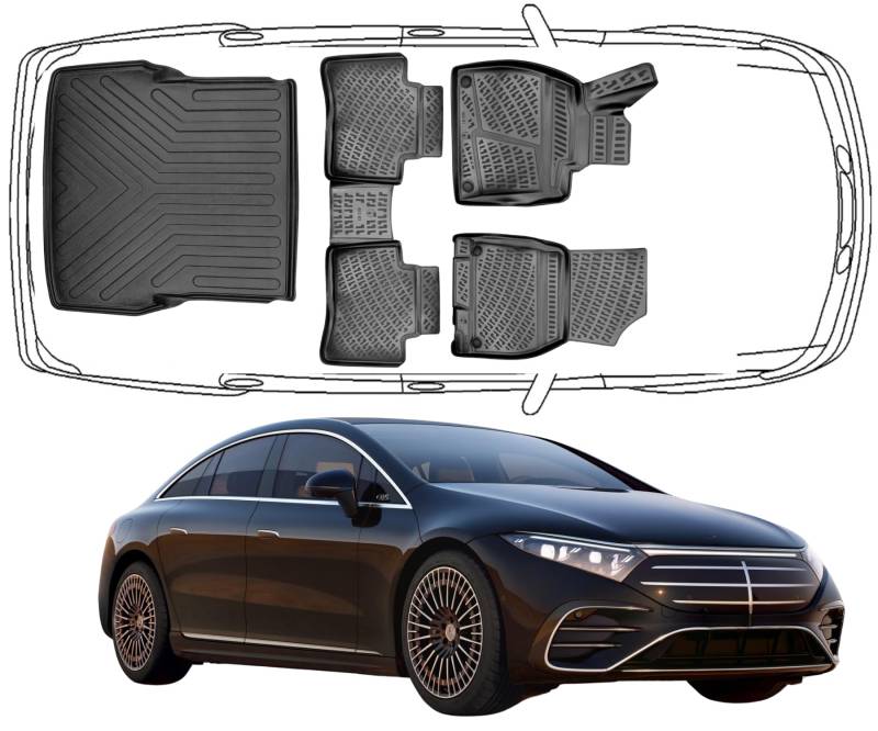 Trimak Passgenau 3D Fussmatten & Kofferraumwanne Auto Set Kompatibel mit Mercedes-Benz EQS Sedan V297 2021-2025 Auto Allwetter Zubehör Gummimatten Kofferraumwanne Autos TPE Geruchlos rutschfest von Trimak