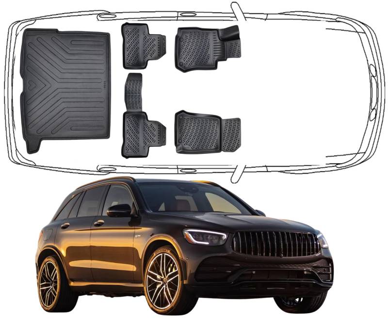 Trimak Passgenau 3D Fussmatten & Kofferraumwanne Auto Set Kompatibel mit Mercedes GLC SUV X253 2015-2022 Auto Zubehör Gummimatten & Kofferraummatte Autos Allwetter Geruchlos rutschfest Schwarz von Trimak