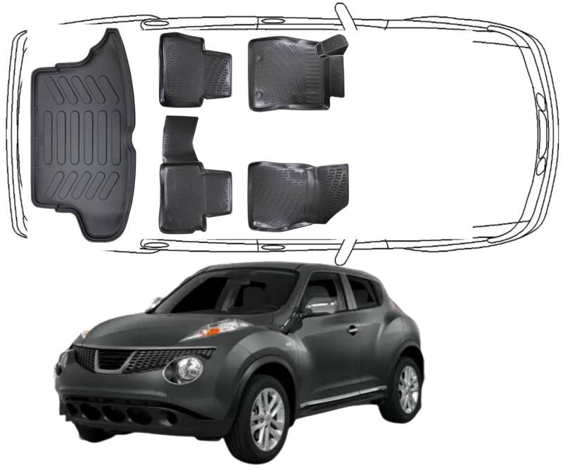 Trimak Passgenau 3D Fussmatten & Kofferraumwanne Auto Set Kompatibel mit Nissan Juke 1 Gen 2010-2015 Auto Zubehör Gummimatten & Kofferraummatte Autos TPE Allwetter Geruchlos rutschfest Schwarz von Trimak