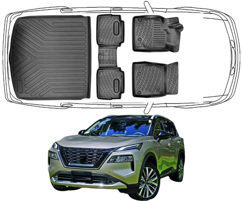 Trimak Passgenau 3D Fussmatten & Kofferraumwanne Auto Set Kompatibel mit Nissan X-Trail 4.Gen Mild-Hybrid 2021-2026 Auto Allwetter Zubehör Gummimatten Kofferraumwanne Autos TPE Geruchlos rutschfest von Trimak