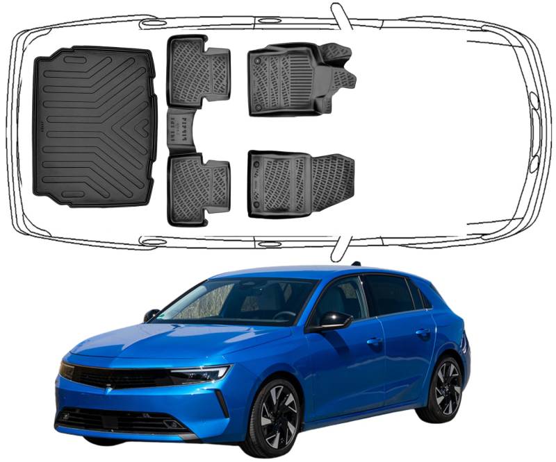 Trimak Passgenau 3D Fussmatten & Kofferraumwanne Auto Set Kompatibel mit Opel Astra L Untere 2022-2024 Auto Zubehör Gummimatten & Kofferraummatte Autos TPE Allwetter Geruchlos rutschfest Schwarz von Trimak