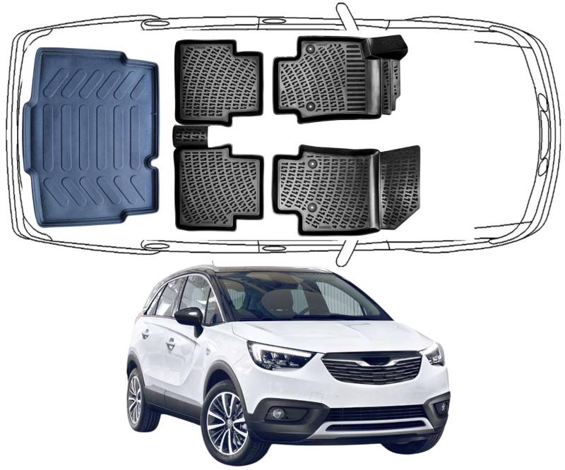 Trimak Passgenau 3D Fussmatten & Kofferraumwanne Auto Set Kompatibel mit Opel Crossland 2017-2024 Auto Allwetter Zubehör Gummimatten Kofferraumwanne Autos TPE Allwetter Geruchlos rutschfest von Trimak