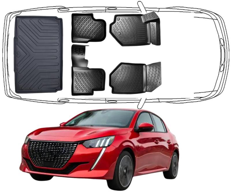 Trimak Passgenau 3D Fussmatten & Kofferraumwanne Auto Set Kompatibel mit Peugeot 208 2 Gen 2019-2024 Auto Zubehör Gummimatten & Kofferraummatte Autos TPE Allwetter Geruchlos rutschfest Schwarz von Trimak