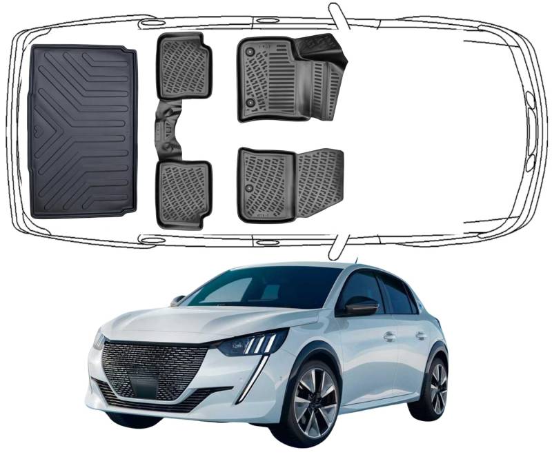 Trimak Passgenau 3D Fussmatten & Kofferraumwanne Auto Set Kompatibel mit Peugeot 208 Elektro e-208 ab 2019 Auto Allwetter Zubehör Gummimatten Kofferraumwanne Autos TPE Allwetter Geruchlos rutschfest von Trimak