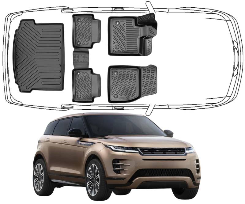 Trimak Passgenau 3D Fussmatten & Kofferraumwanne Auto Set Kompatibel mit Range Rover Evoque 2.Gen ab 2019 Auto Allwetter Zubehör Gummimatten Kofferraumwanne Autos TPE Allwetter Geruchlos rutschfest von Trimak