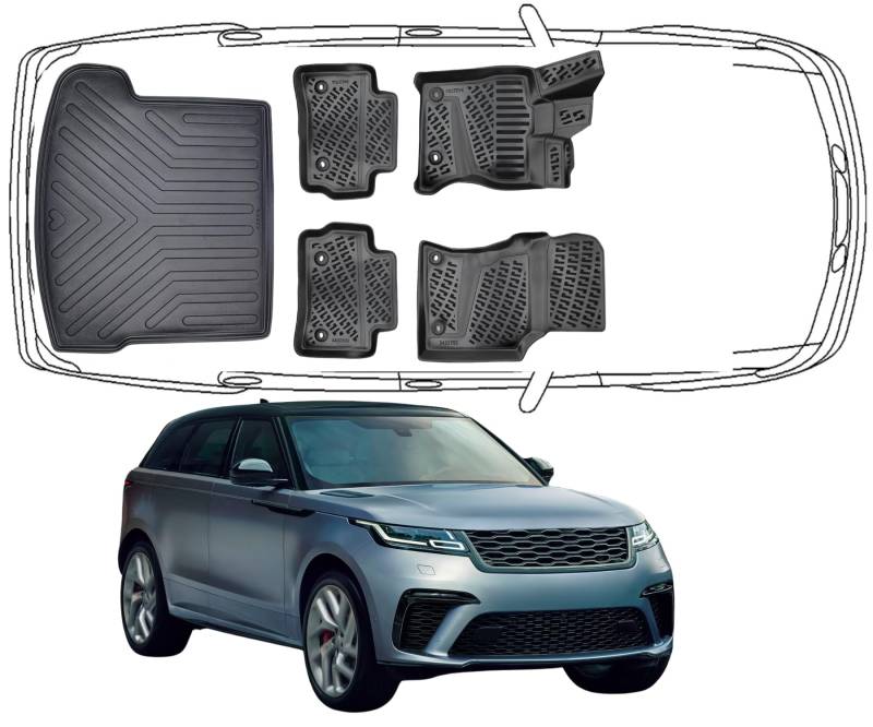 Trimak Passgenau 3D Fussmatten & Kofferraumwanne Auto Set Kompatibel mit Range Rover Velar 2017-2020 Auto Allwetter Zubehör Gummimatten Kofferraumwanne Autos TPE Allwetter Geruchlos rutschfest von Trimak