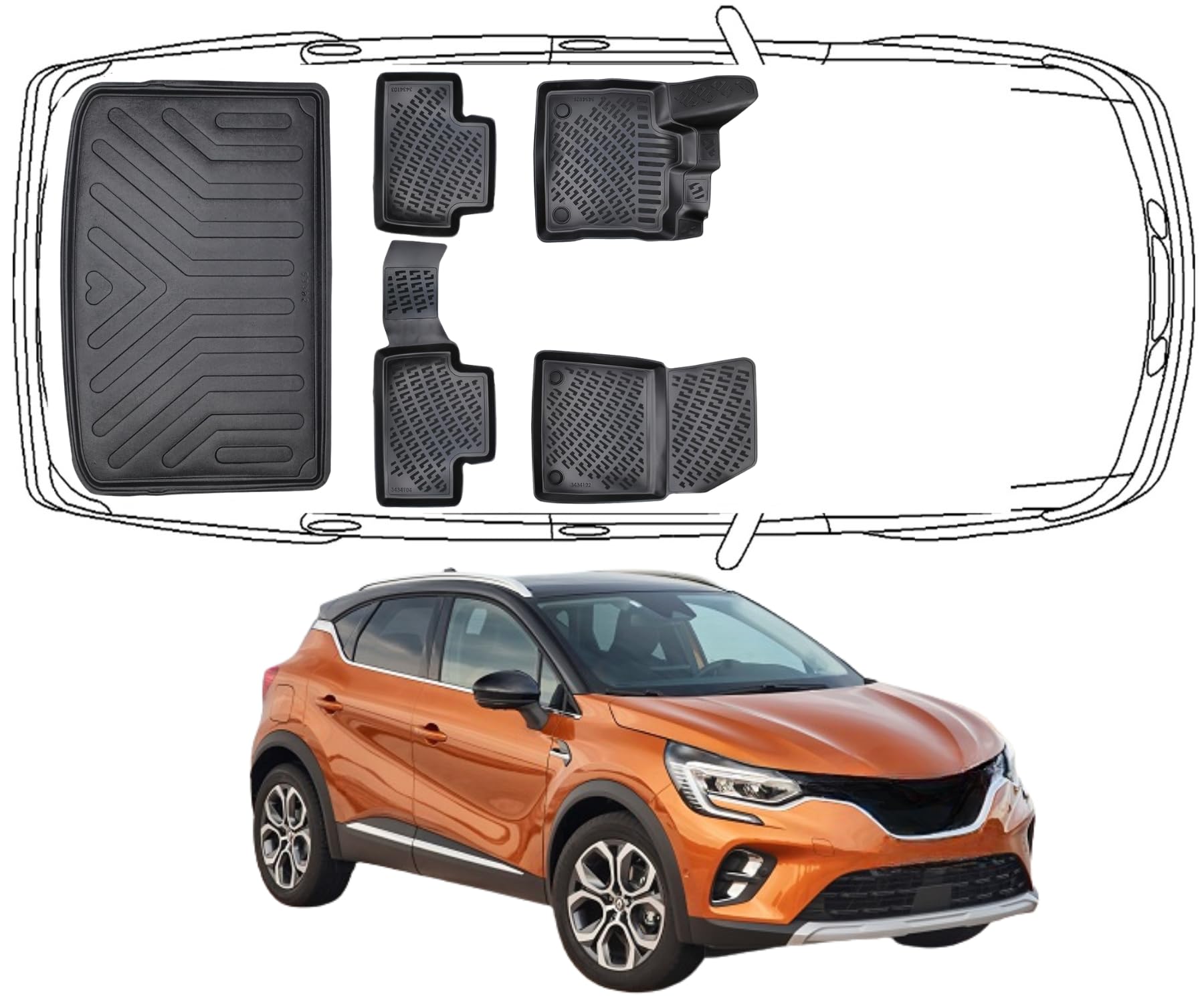 Trimak Passgenau 3D Fussmatten & Kofferraumwanne Auto Set Kompatibel mit Renault Captur 2 Gen Untere 2019-2024 Auto Zubehör Gummimatten & Kofferraummatte Autos TPE Allwetter Geruchlos Schwarz von Trimak