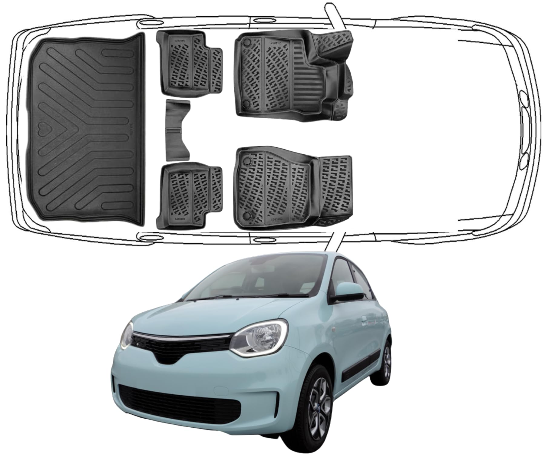 Trimak Passgenau 3D Fussmatten & Kofferraumwanne Auto Set Kompatibel mit Renault Twingo 3 2014-2024 Auto Zubehör Gummimatten & Kofferraummatte Autos TPE Allwetter Geruchlos rutschfest Schwarz von Trimak