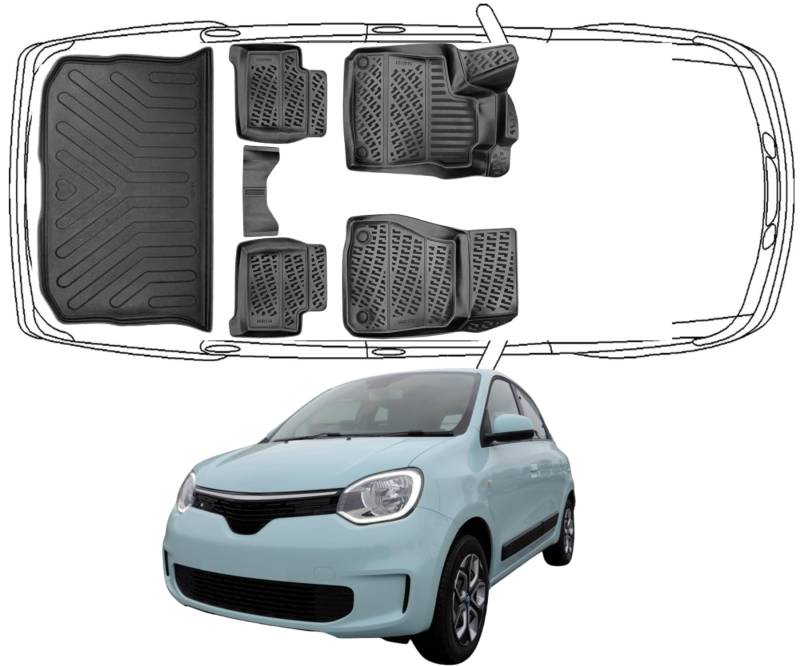 Trimak Passgenau 3D Fussmatten & Kofferraumwanne Auto Set Kompatibel mit Renault Twingo 3 2014-2024 Auto Zubehör Gummimatten & Kofferraummatte Autos TPE Allwetter Geruchlos rutschfest Schwarz von Trimak