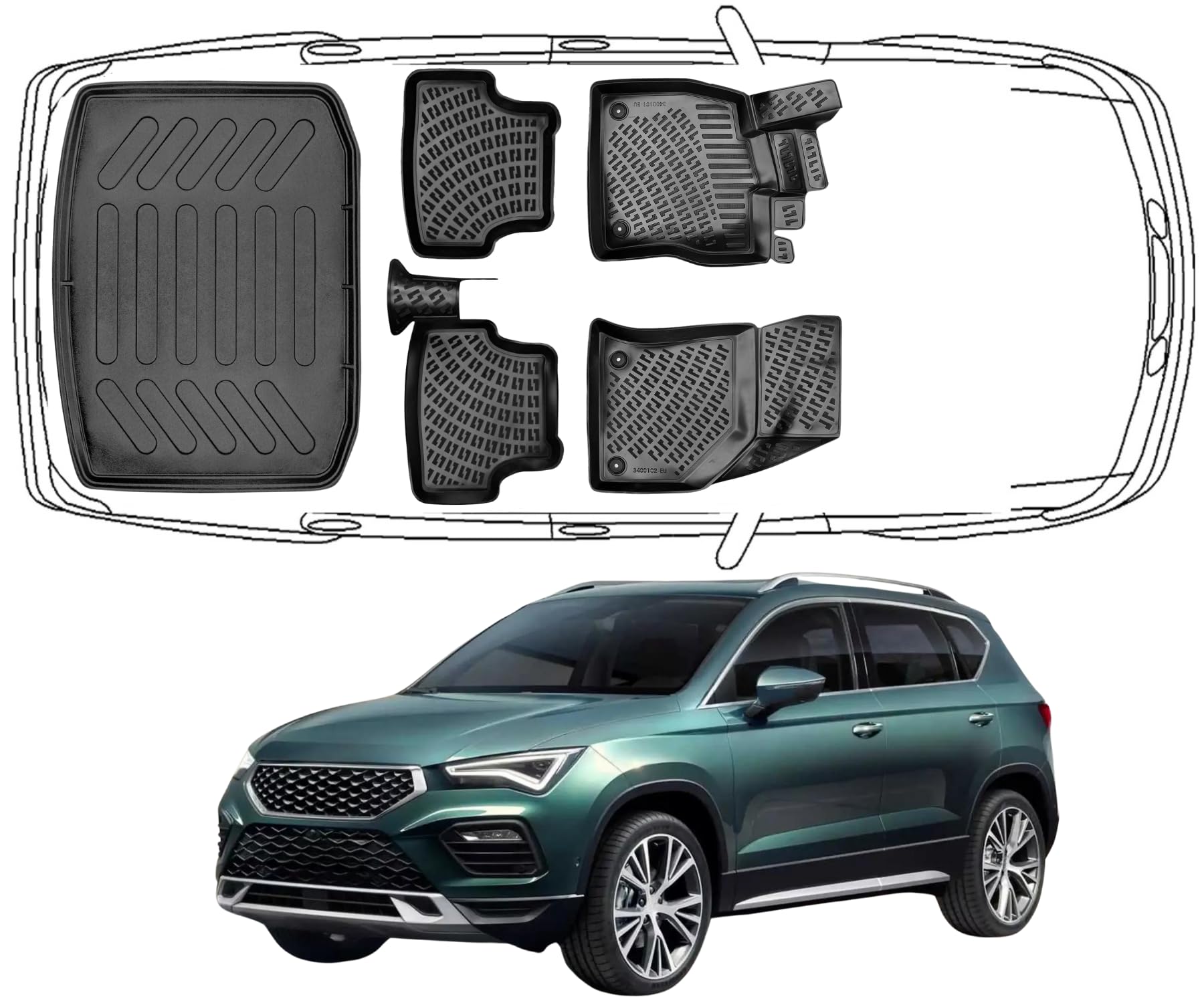 Trimak Passgenau 3D Fussmatten & Kofferraumwanne Auto Set Kompatibel mit Seat Ateca 2016-2024 Auto Zubehör Gummimatten & Kofferraummatte Autos TPE Allwetter Geruchlos rutschfest Schwarz von Trimak