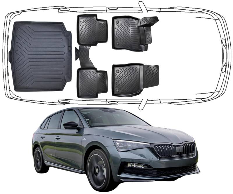 Trimak Passgenau Fussmatten & ohne verstellbaren Kofferraumboden Kofferraumwanne Set Kompatibel mit Skoda Scala 2019-2024 Auto Zubehör Gummimatten & Kofferraummatte Autos TPE Allwetter Geruchlos von Trimak