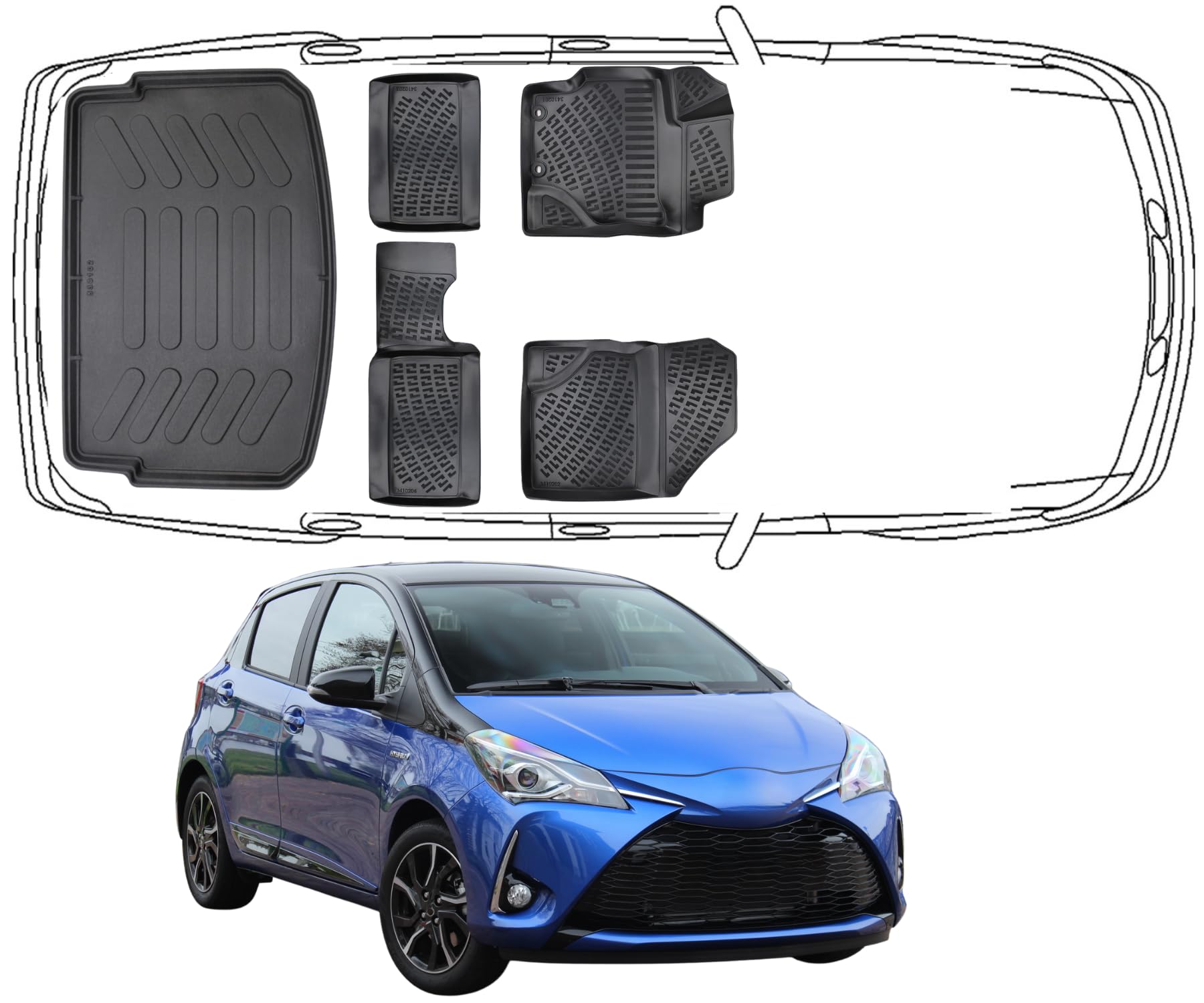 Trimak Passgenau 3D Fussmatten & Kofferraumwanne Auto Set Kompatibel mit Toyota Yaris 3 Gen 2010-2020 Auto Zubehör Gummimatten & Kofferraummatte Autos TPE Allwetter Geruchlos rutschfest Schwarz von Trimak