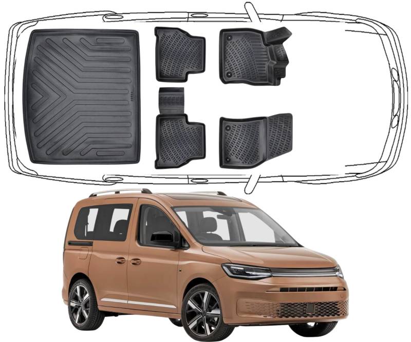 Trimak Passgenau 3D Fussmatten & Kofferraumwanne Auto Set Kompatibel mit Volkswagen Caddy 5 Gen ab 2020 Auto Zubehör Gummimatten & Kofferraummatte Autos TPE Allwetter Geruchlos rutschfest Schwarz von Trimak