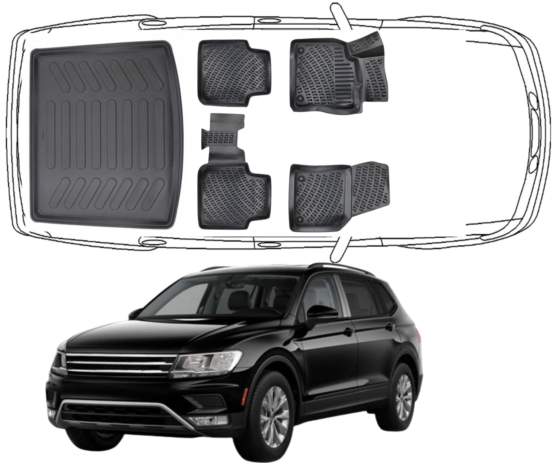 Trimak Passgenau 3D Fussmatten & Kofferraumwanne Auto Set Kompatibel mit Volkswagen Tiguan 1 Gen 2007-2018 Auto Zubehör Gummimatten & Kofferraummatte Autos TPE Allwetter Geruchlos Schwarz von Trimak