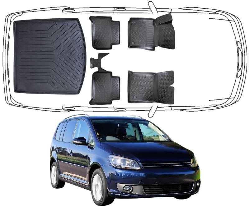 Trimak Passgenau 3D Fussmatten & Kofferraumwanne Auto Set Kompatibel mit Volkswagen Touran 1 Gen 2003-2015 Auto Zubehör Gummimatten & Kofferraummatte Autos TPE Allwetter Geruchlos rutschfest Schwarz von Trimak