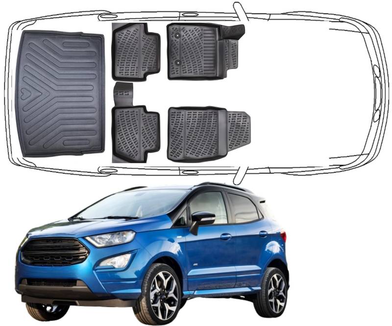 Trimak Passgenau 3D Fussmatten & Kofferraumwanne Auto Set Kompatibel mit mit Ford Ecosport Untere 2012-2023 Auto Zubehör Gummimatten & Kofferraummatte Autos Allwetter Geruchlos rutschfest Schwarz von Trimak