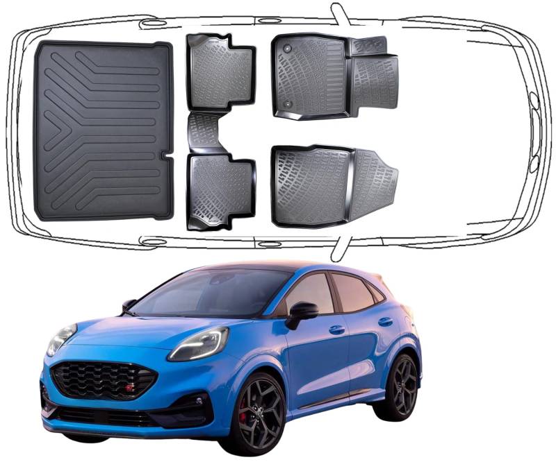 Trimak Passgenau 3D Fussmatten & Kofferraumwanne Auto Set Kompatibel mit mit Ford Puma Obere 2019-2024 Auto Zubehör Gummimatten & Kofferraummatte Autos Allwetter Geruchlos rutschfest Schwarz von Trimak