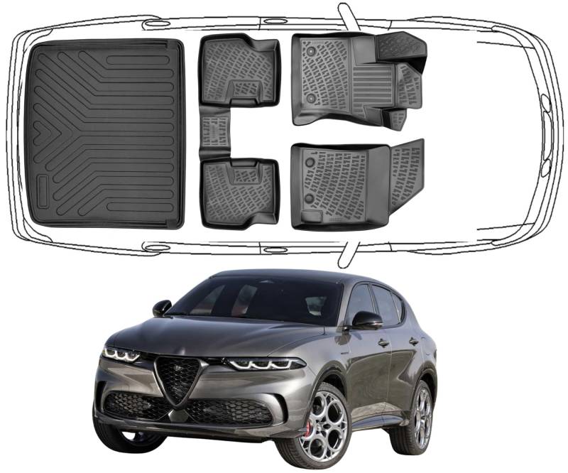 Trimak Passgenau 3D Fussmatten & Obere Kofferraumwanne Auto Set Kompatibel mit Alfa Romeo Tonale ab 2022 Auto Allwetter Zubehör Gummimatten Kofferraumwanne Autos TPE Allwetter Geruchlos rutschfest von Trimak