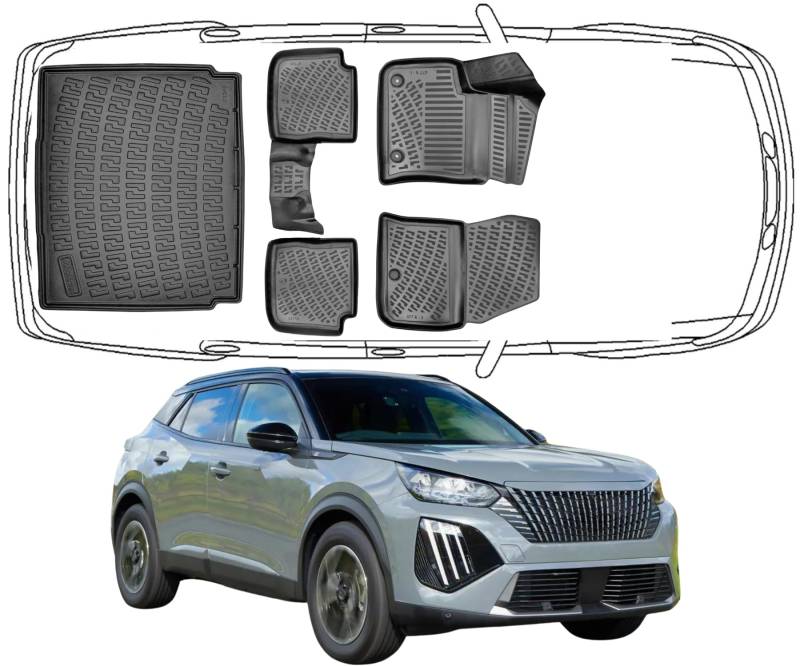 Trimak Passgenau 3D Fussmatten & Untere Kofferraumwanne Auto Set Kompatibel mit Peugeot e-2008 ab 2020 Auto Allwetter Zubehör Gummimatten Kofferraumwanne Autos TPE Allwetter Geruchlos rutschfest von Trimak