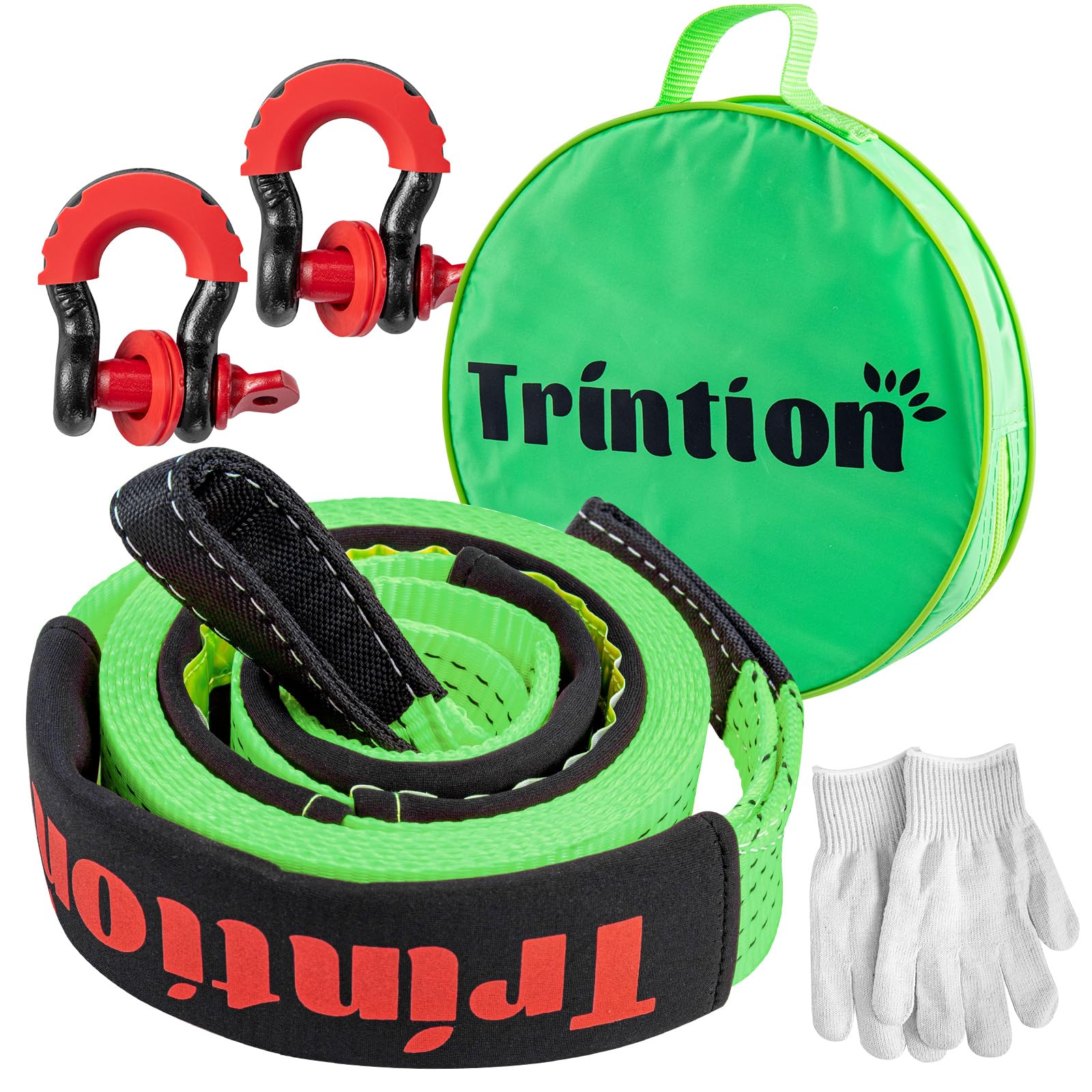 Trintion 10T Abschleppseil Auto 5M x 5cm Polyester Abschleppgurt mit Verstärkten Schlaufen und Schäkel Hochleistungs-Autoabschleppseil für Off-Road-Erholung SUV LKW (Grün) von Trintion