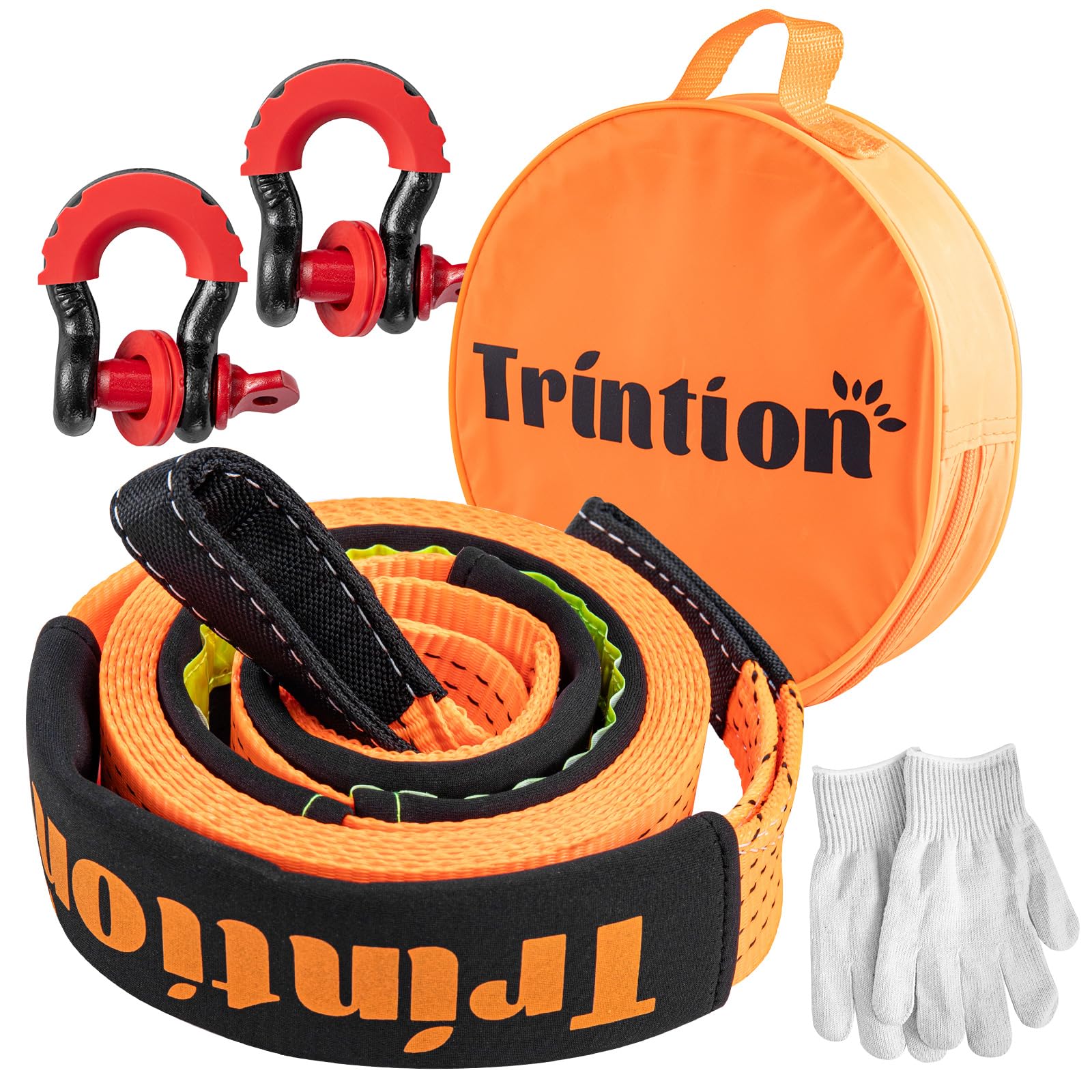 Trintion 10T Abschleppseil Auto 5M x 5cm Polyester Abschleppgurt mit Verstärkten Schlaufen und Schäkel Hochleistungs-Autoabschleppseil für Off-Road-Erholung SUV LKW (Orange) von Trintion