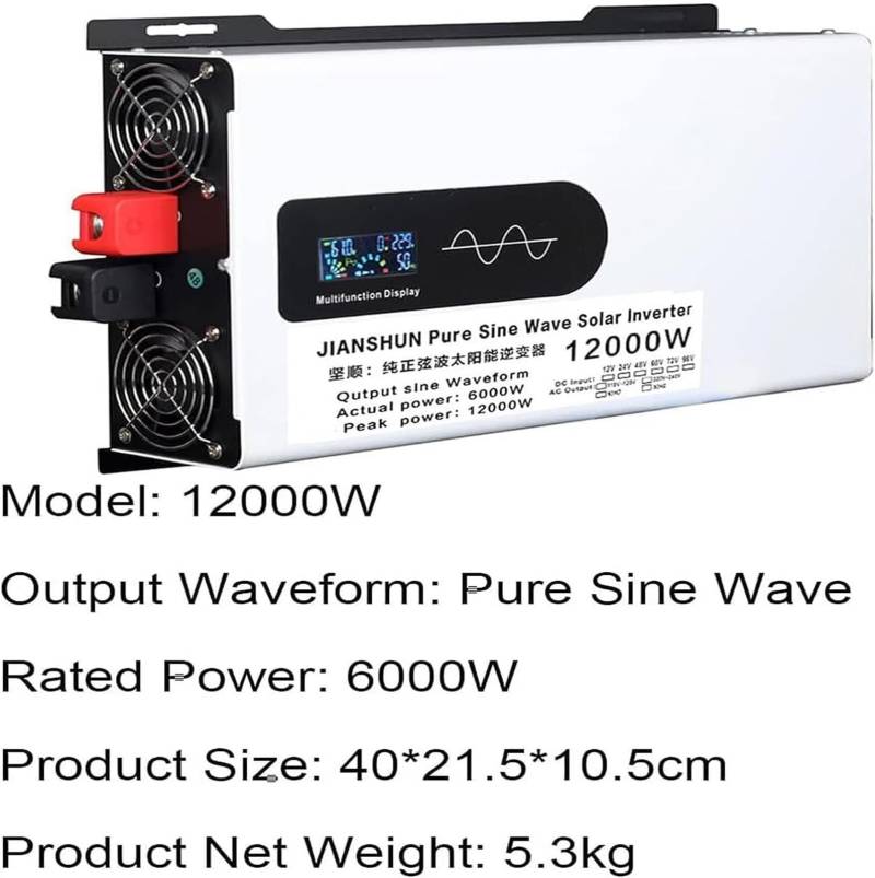 Wechselrichter Reiner Sinus 5000W 6000W 8000W 10000W 12000W Spannungswandler DC 12V 24V 48V 60V 72V 96V auf 220V 230V 240V AC Inverter KFZ Umwandler Stromwandler Konverter mit LED,Steckdose(12000W,24V von Tsampa