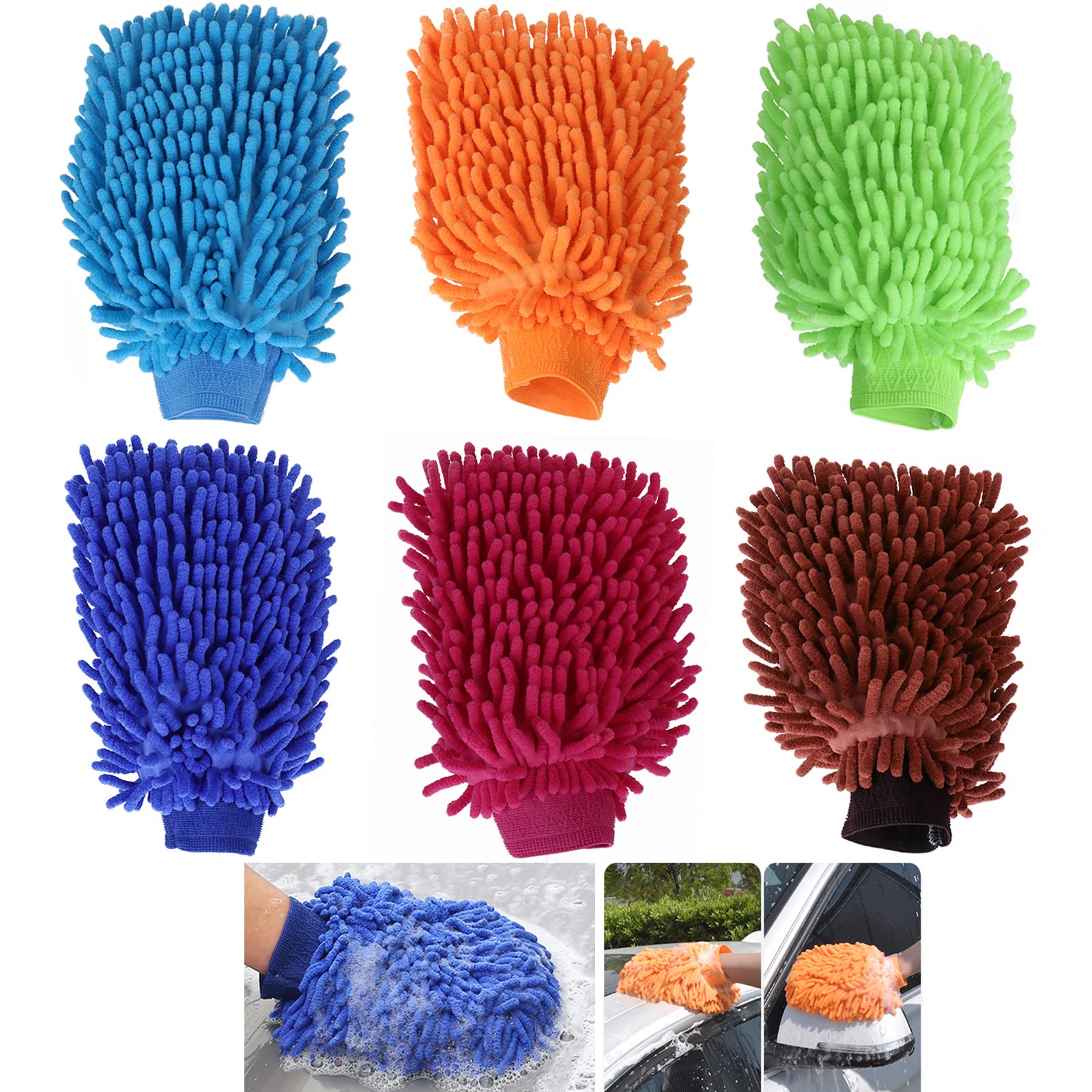 TsunNee 6 x Chenille-Mikrofaser-Auto-Waschhandschuhe, Auto-Waschhandschuhe, ultraweiche Handschuhe für Autowäsche, Haushaltsreinigung. von TsunNee