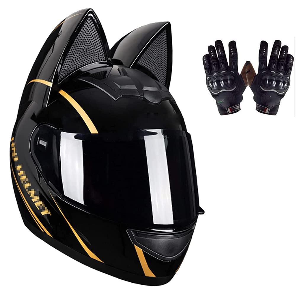 Motorradhelme , Integralhelm for Motorradfahrer mit Katzenohren, Damen und Herren, personalisierter modischer Straßenhelm mit Reithandschuhen, ganzjährig bequem, for Elektroroller, Mopeds und C-Ruiser von Tu Ye