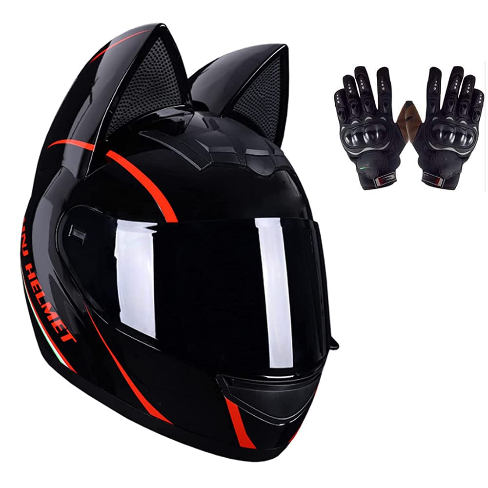 Motorradhelme , Integralhelm for Motorradfahrer mit Katzenohren, Damen und Herren, personalisierter modischer Straßenhelm mit Reithandschuhen, ganzjährig bequem, for Elektroroller, Mopeds und C-Ruiser von Tu Ye