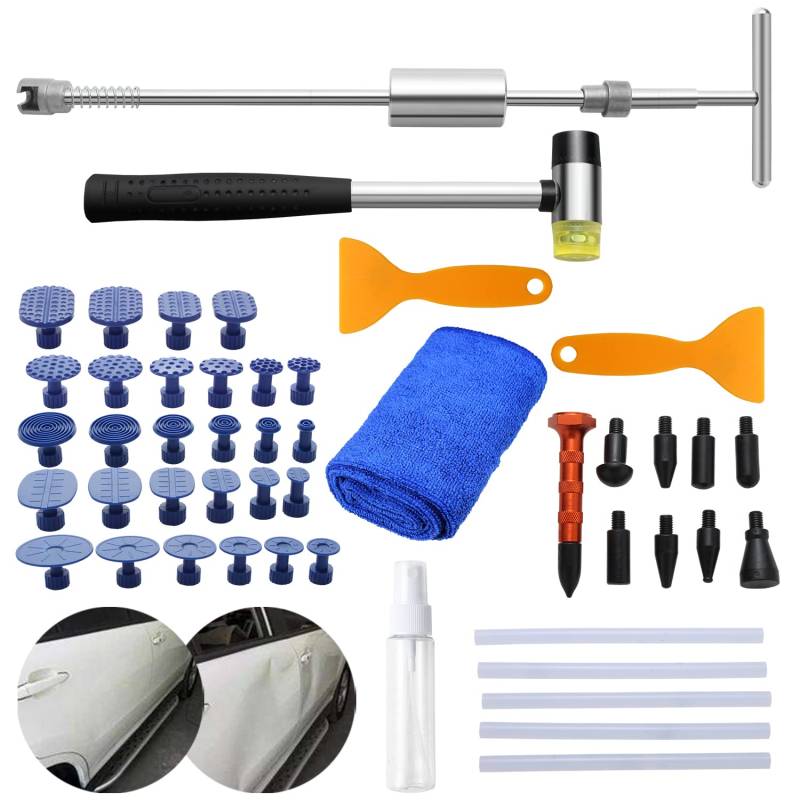 Tubiaz Dellen Reparaturset, Paintless Dent Removal Kit professionelle, 48 Stück Dellen Reparatur Ausbeulwerkzeug mit T-Typ-Dellen Puller/Gummihammer, für Hageldellen Autoreparatur von Tubiaz