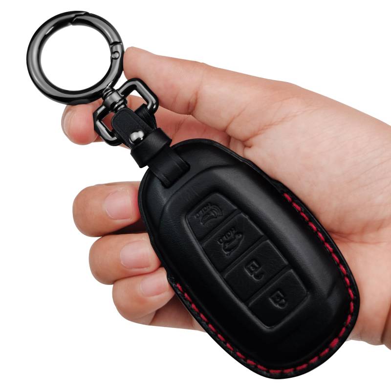 Tukellen Echtleder-Schlüsselanhänger-Abdeckung, intelligenter Schlüsselhalter, passend für Hyundai Palisade Elantra GT Accent Kona Santa Fe Veloster (schwarz (rote Linie), 4 Tasten) von Tukellen