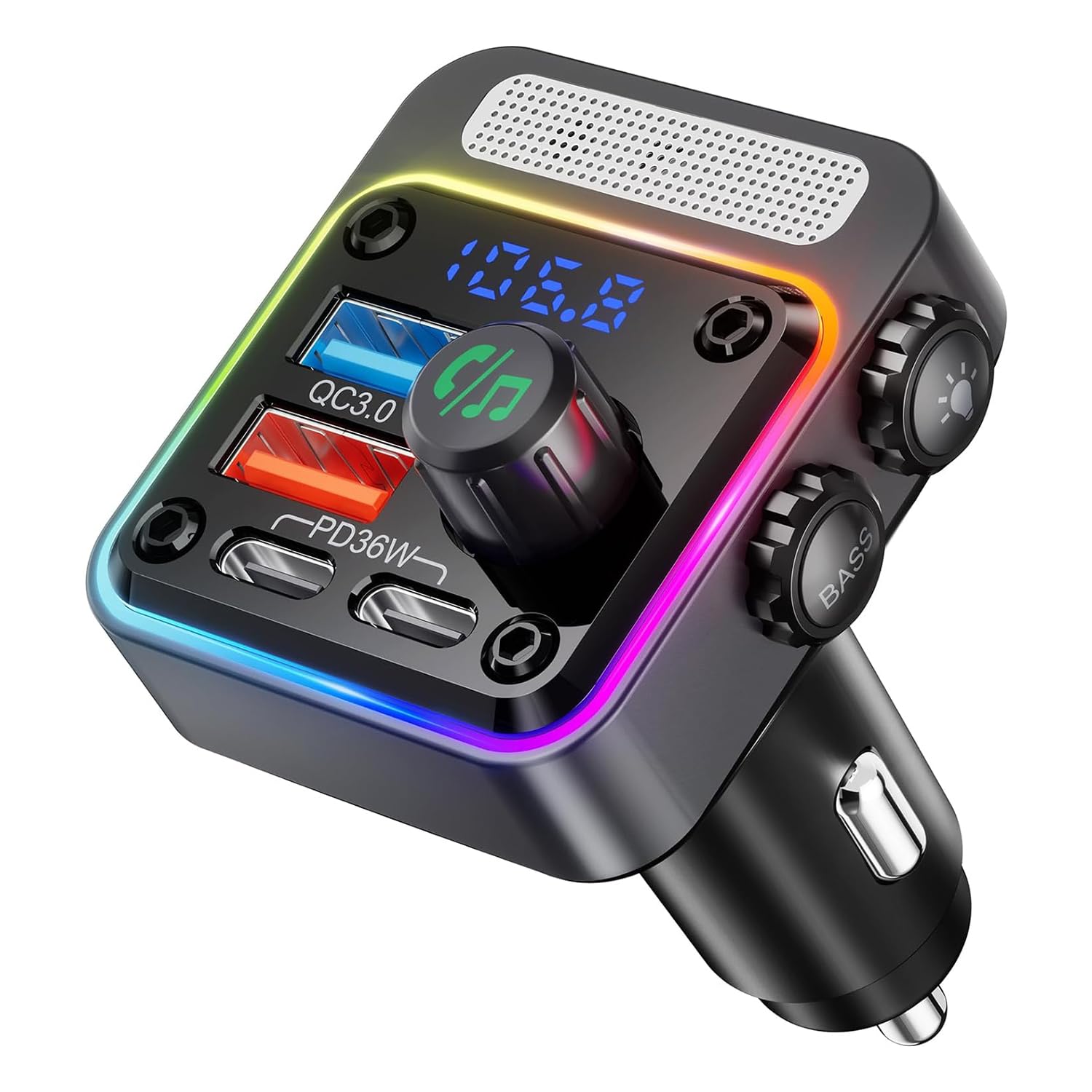 Tumuued Bluetooth 5.3-Autoadapter mit 4 Ladeanschlüssen, 36 W, Kabelloser Radio-FM-Transmitter mit Tiefem Bass, 5-Farben-Licht von Tumuued