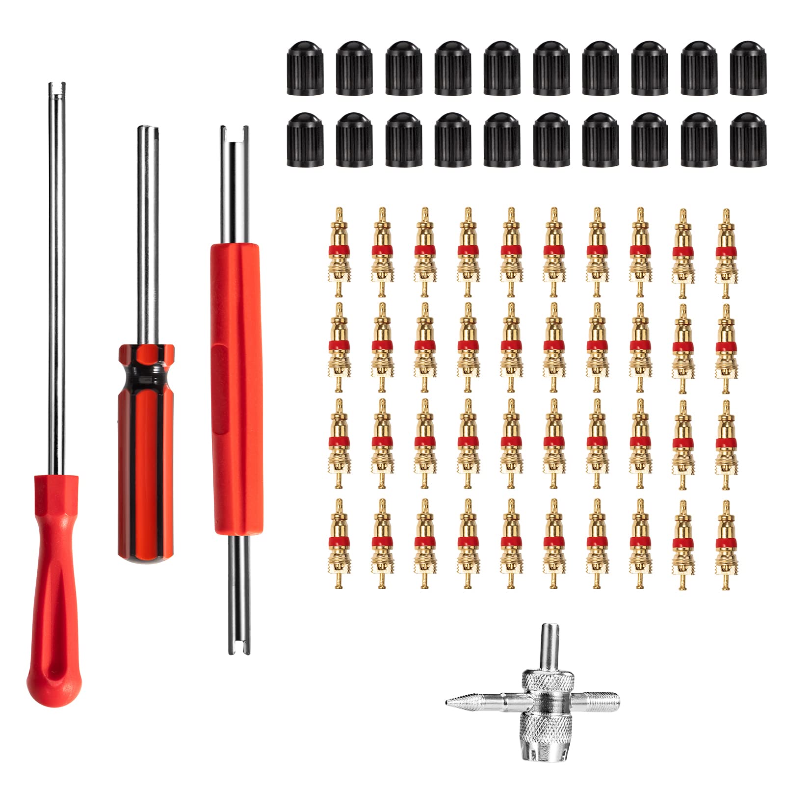 Tunejoy Reifenventil Kern Werkzeug Set Reifenventilentferner mit 4 Wege Ventilkernwerkzeug Doppel und Einzelkopf Ventilkern 40 Stück Ventilkern 20 Stück Reifenventilkappen von Tunejoy