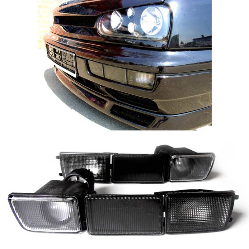 2x Frontblinker Blinker + kurze Blenden + Nebelscheinwerfer Stoßstangenblinker Stoßstange in Schwarz Smoke für VW Golf 3 / Vento ab 1991-1999 von Goingfast GmbH