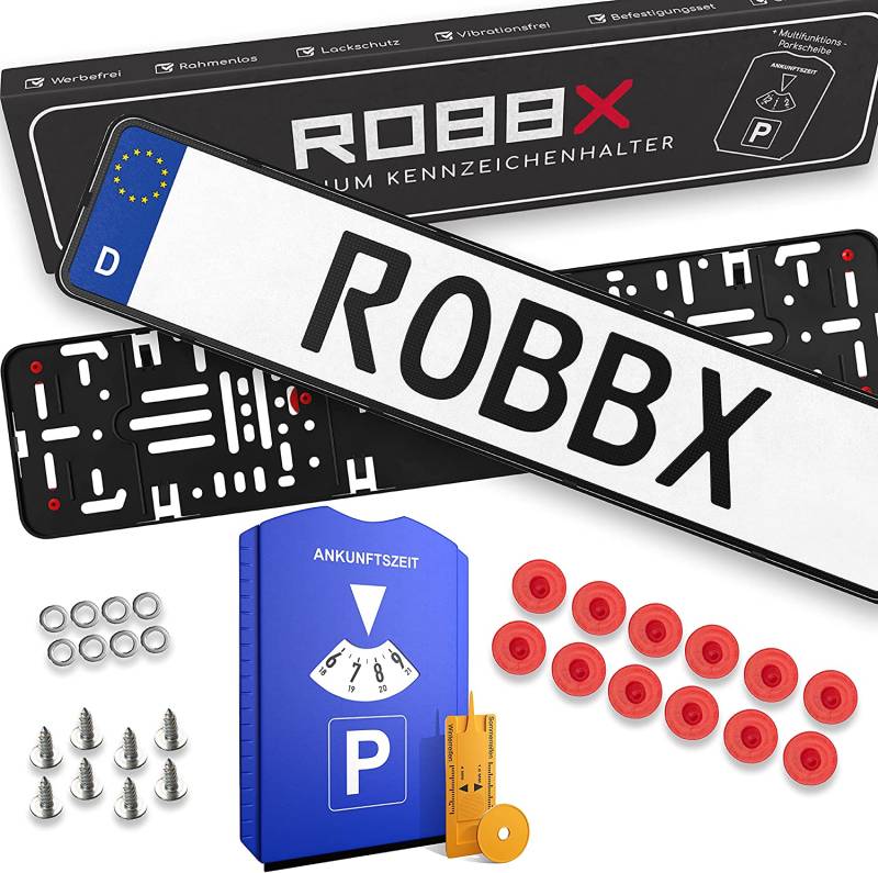 2x Original ROBBX® Premium Kennzeichenhalter Rahmenlos VIBRATIONSFREI inklusive Parkscheibe Profiltiefenmesser Montagewerkzeug passend für alle Fahrzeuge von Tuning Fanatics