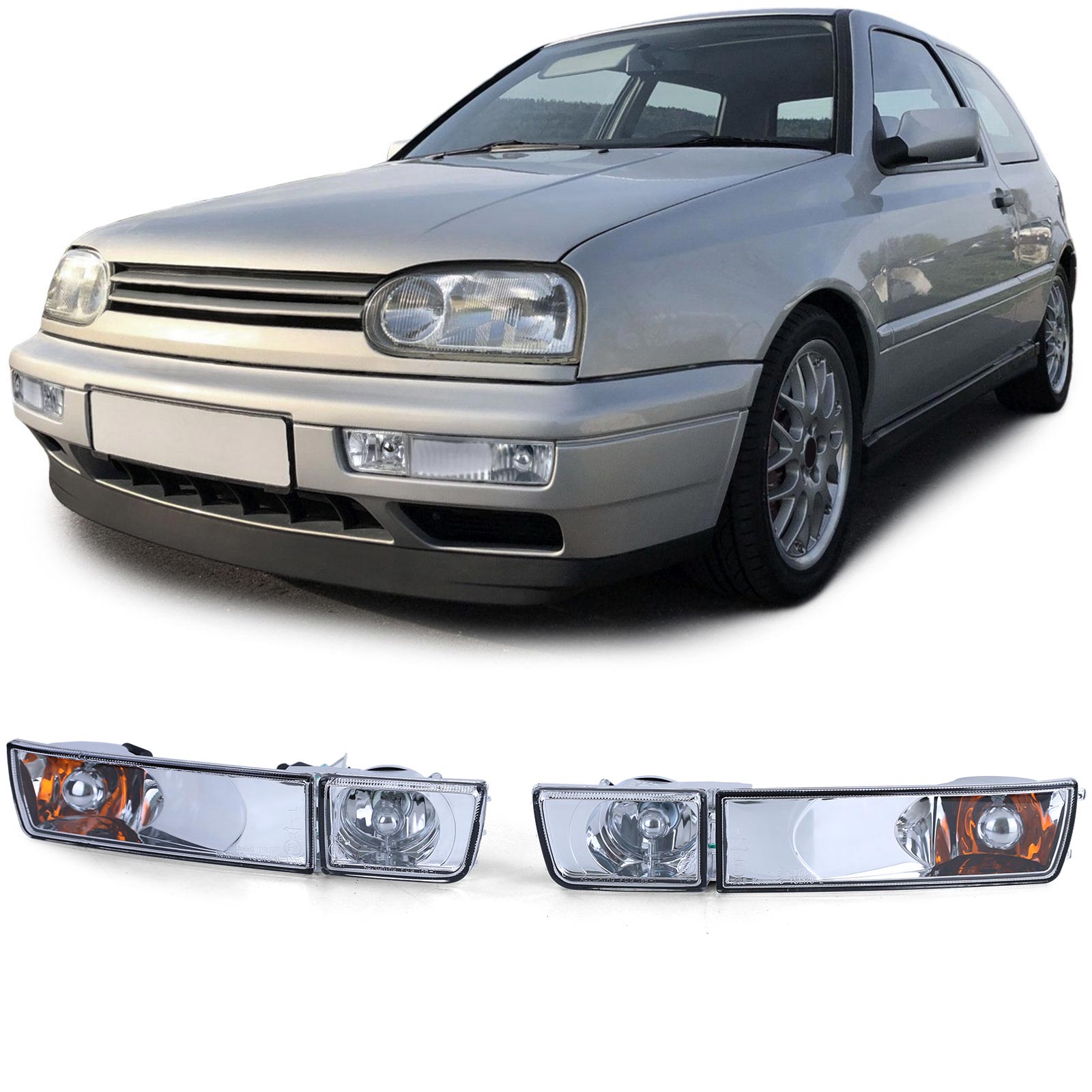 Frontblinker Blinker Klarglas + Nebelscheinwerfer in Chrom für VW Golf 3 III / Vento ab 1991-1999 von Carparts-Online GmbH