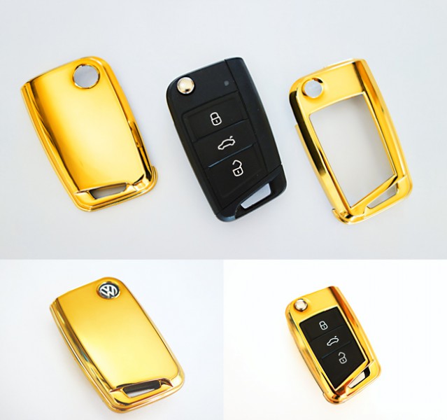 Key Cover Gehäuse im Gold Look Klapp Schlüssel Fernbedienung für VW Golf 7 VII von Tuning Fanatics