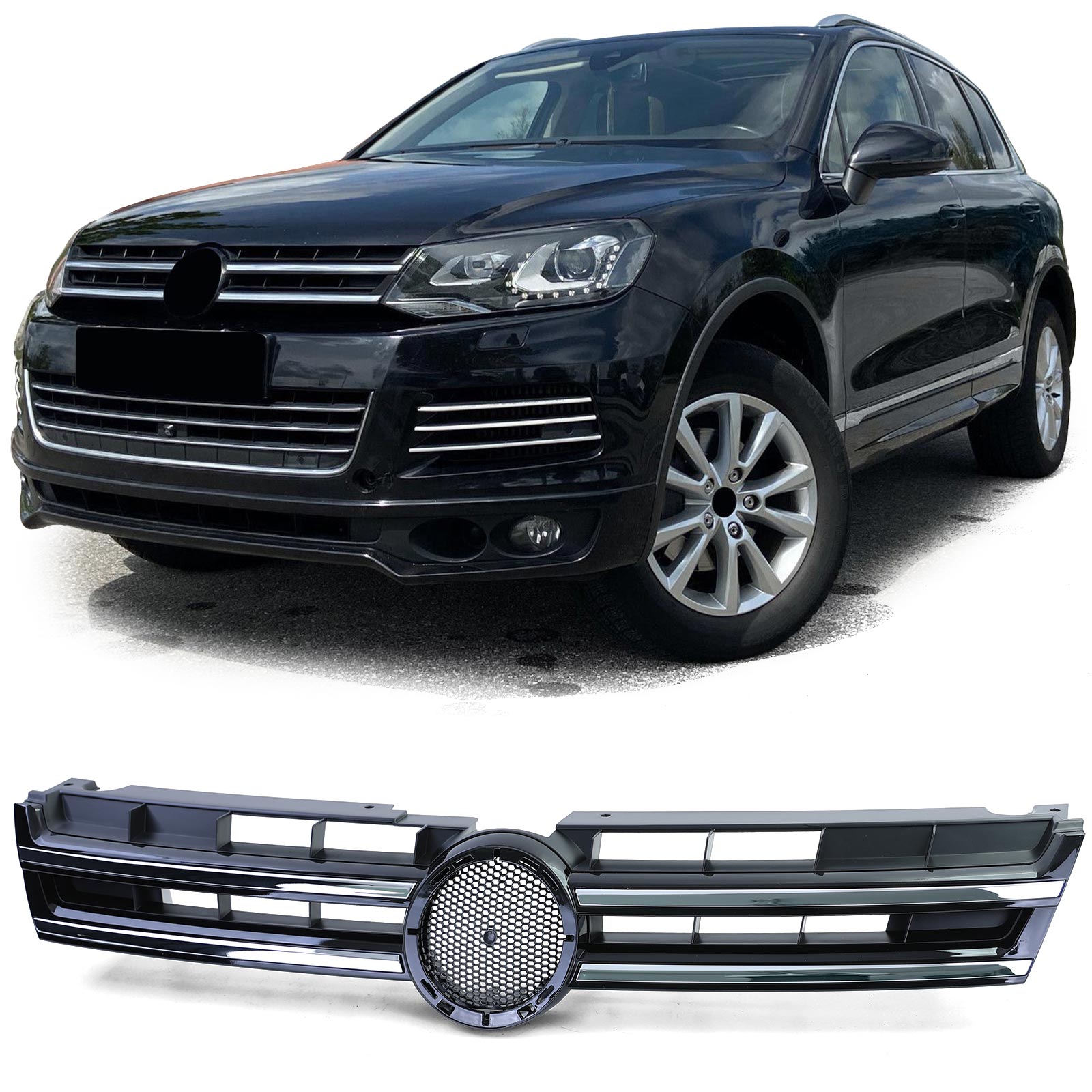 Kühlergrill SCHWARZ GLANZ mit Chrom Streifen 7P6853651A für VW Touareg II 7P ab 2010-2014 von Carparts-Online GmbH