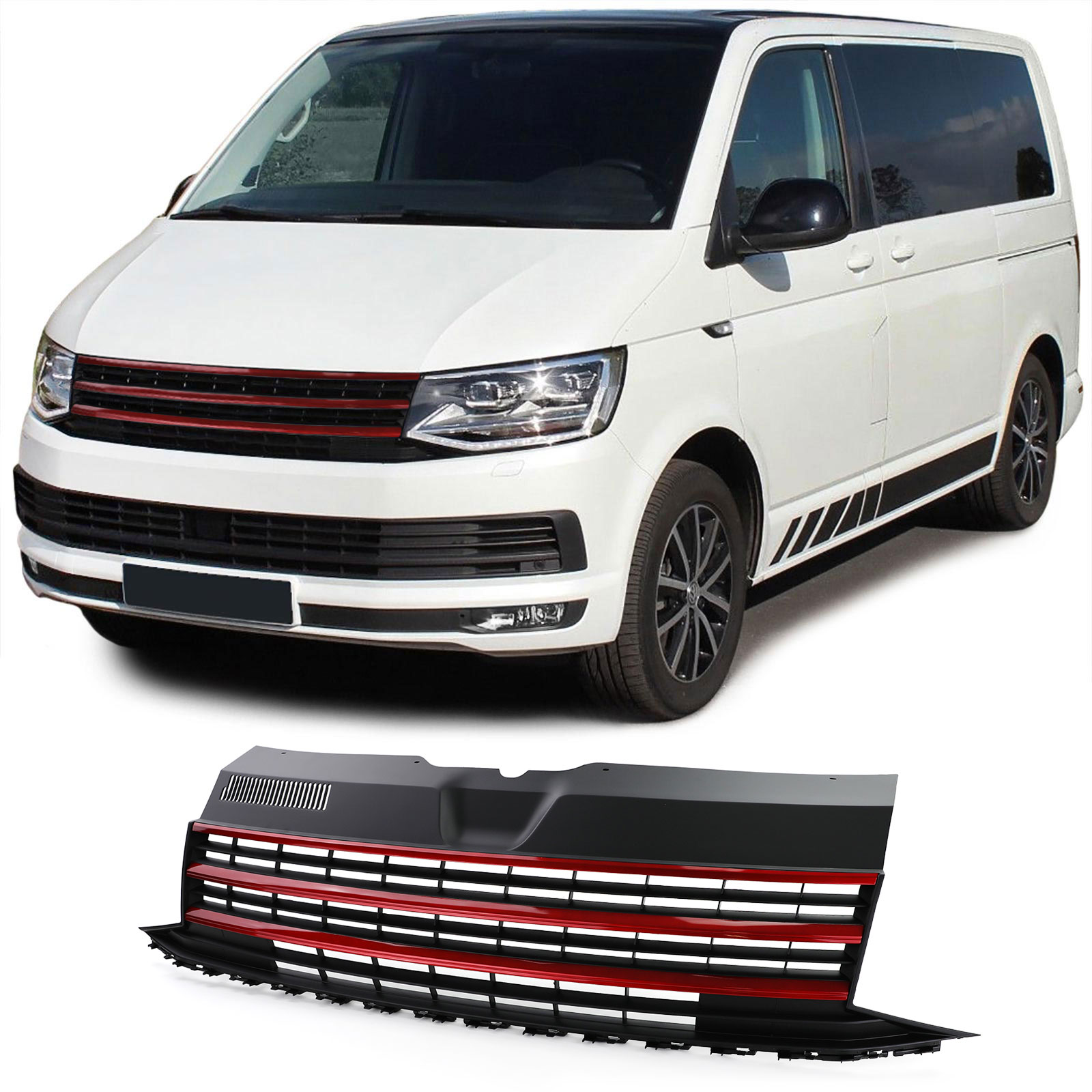 Kühlergrill Sportgrill Grill Schwarz ohne Emblem mit roten Leisten für VW T6 VI Bus Transporter ab 2015-2019 von Carparts-Online GmbH