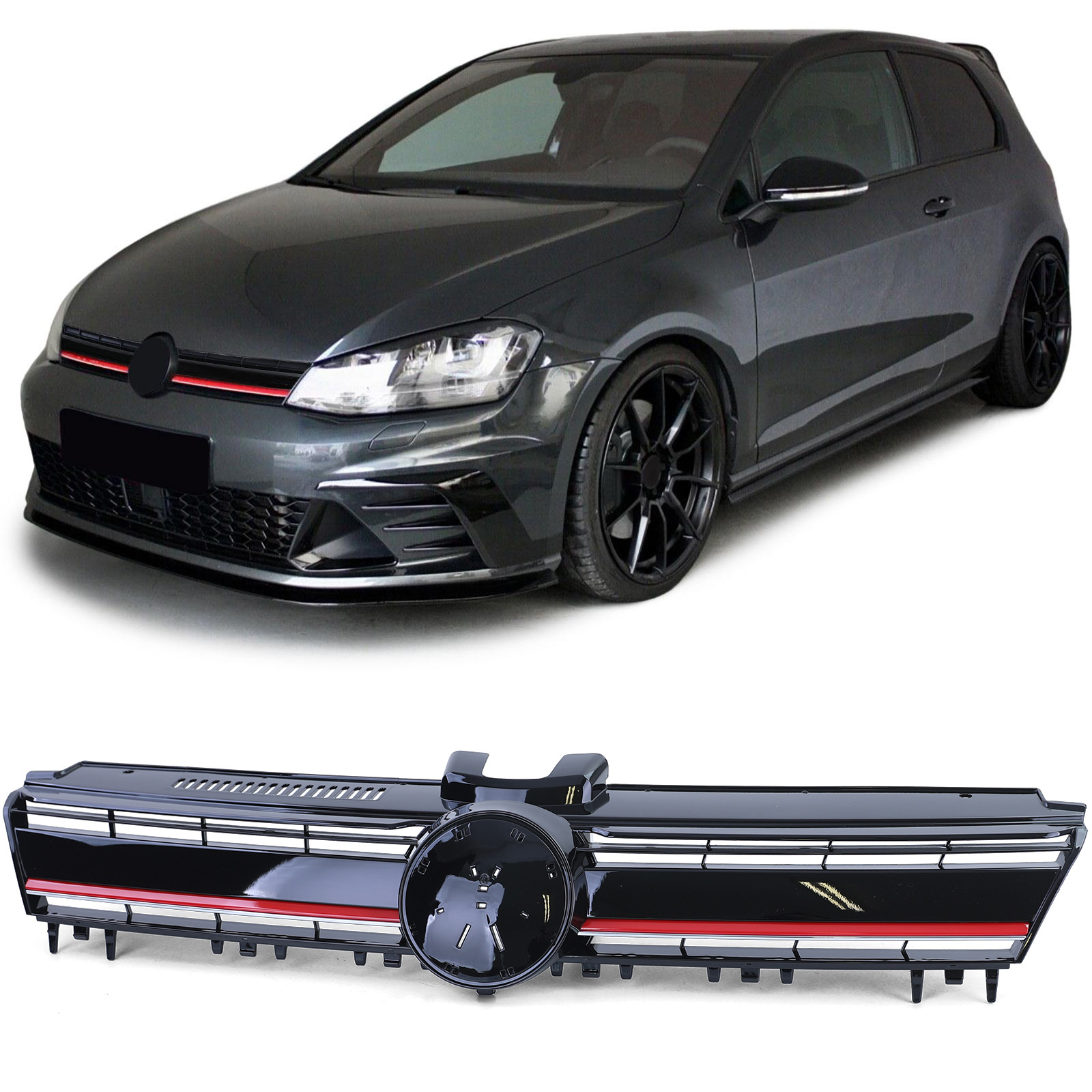 Kühlergrill Sportgrill Grill in Schwarz Glanz mit roter Leiste für VW Golf 7 ab 12-17 von Carparts-Online GmbH