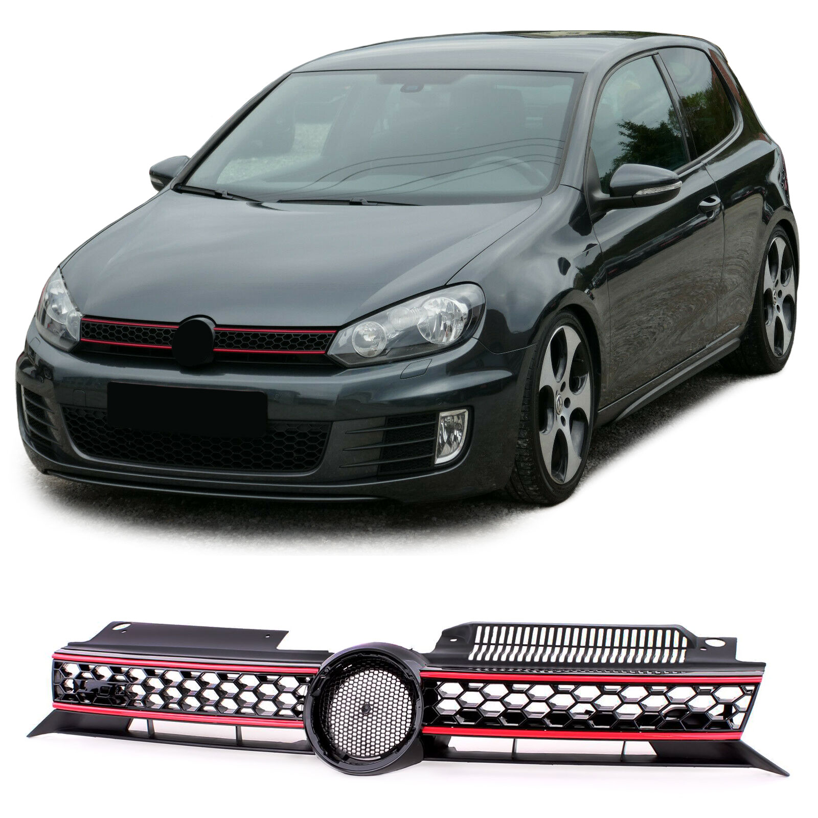 Kühlergrill Sportgrill Grill mit roter Leiste in Schwarz Glanz für VW Golf 6 VI + GTI 08-13 von Carparts-Online GmbH