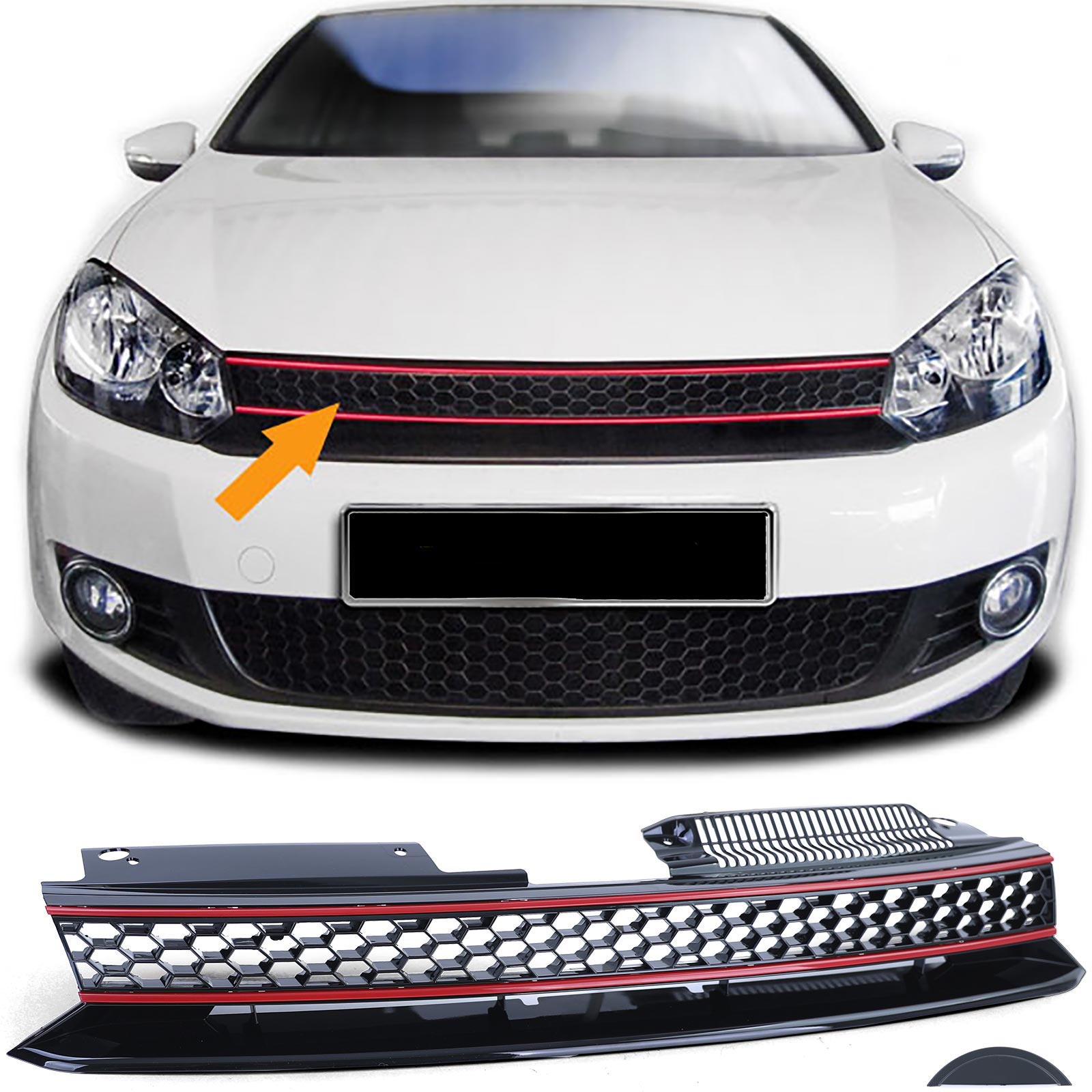 Kühlergrill Sportgrill Grill mit roter Leiste in Schwarz Glanz für VW Golf 6 VI auch GTI 08-13 von Carparts-Online GmbH