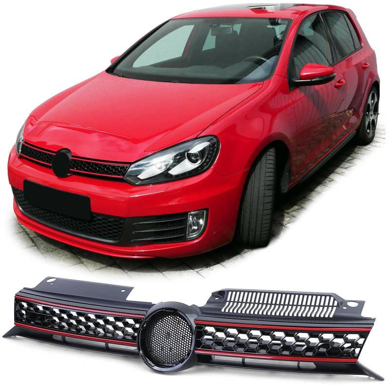 Kühlergrill Sportgrill Grill mit roter Leiste in Schwarz Glanz für VW Golf 6 VI auch GTI 08-13 von Carparts-Online GmbH