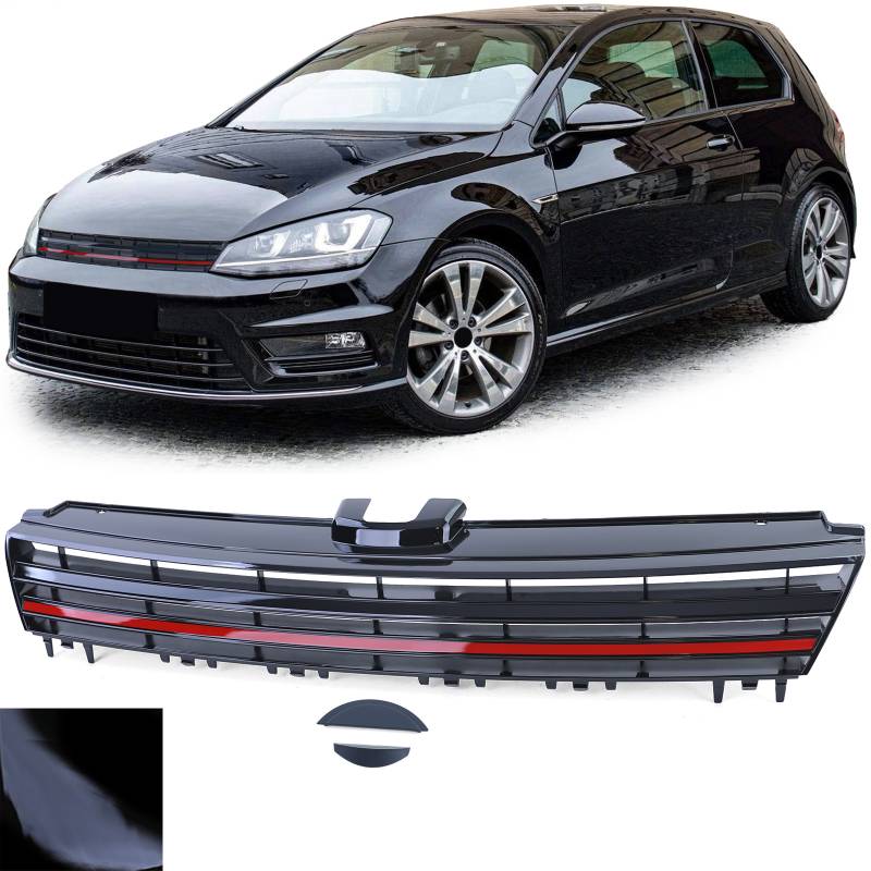 Kühlergrill Sportgrill Grill mit roter Leiste in Schwarz Glanz für VW Golf 7 VII ab 12-17 von Carparts-Online GmbH