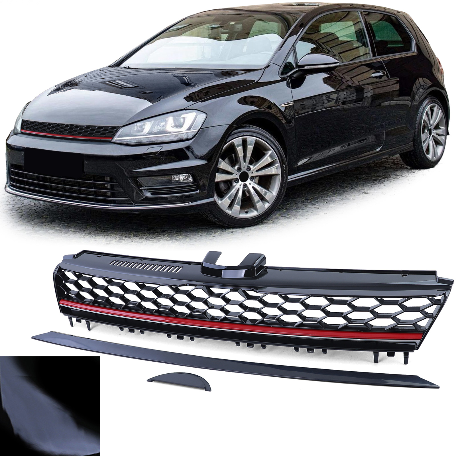 Kühlergrill Sportgrill Grill mit roter Leiste in Schwarz Glanz für VW Golf 7 VII ab 12-17 von Carparts-Online GmbH