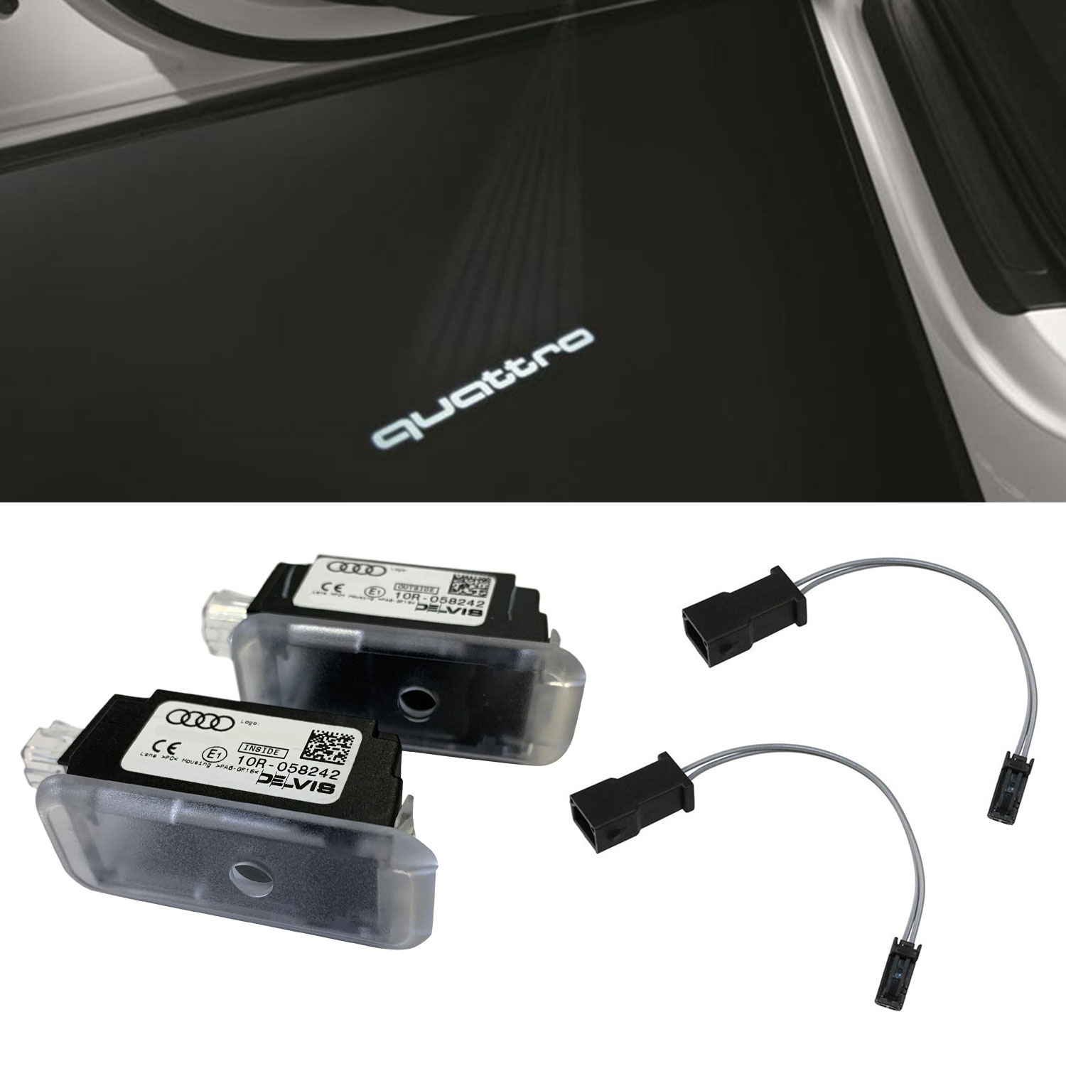 Original Audi Qauttro LED Einstiegsbeleuchtung Tür Logo + Adapter für viele Audi von Tuning Fanatics